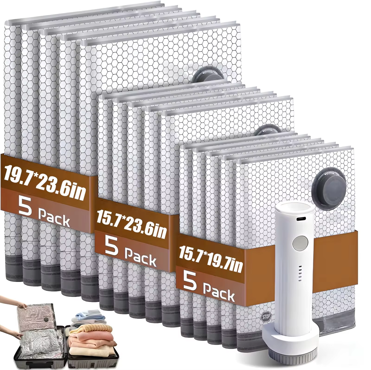 Lambe Cordless Compression Travel Vacuum Set 15 Pack Vacuum Bags With Rechargeable Air Pump For Luggage Suitcase Clothes Storage