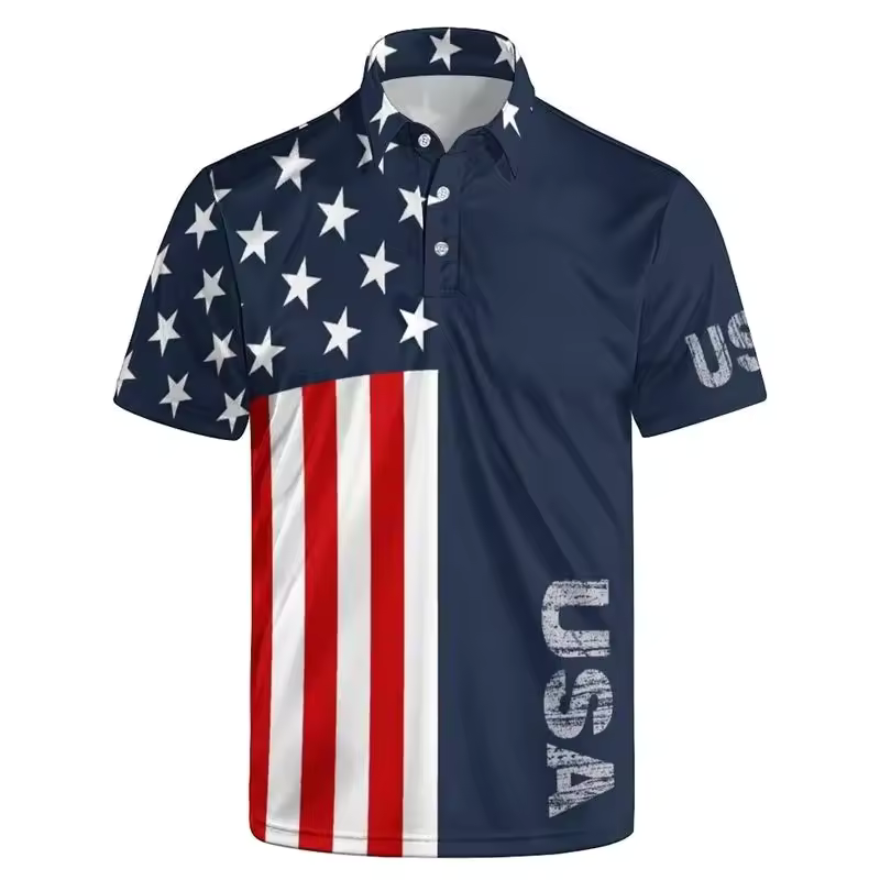 2026 Fashion USA Flag Pattern Polo Shirt for Men 3D Print Short Sleeves T-shirt Hot Sale Street Summer Button Loose Lapel Top