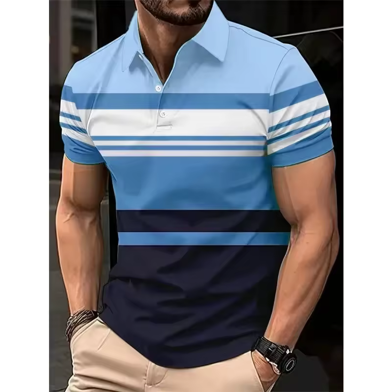 Enhanced men's clothing striped polo T-shirt, summer short-sleeved 3d printed street men's simple polo T-shirt, casual top
